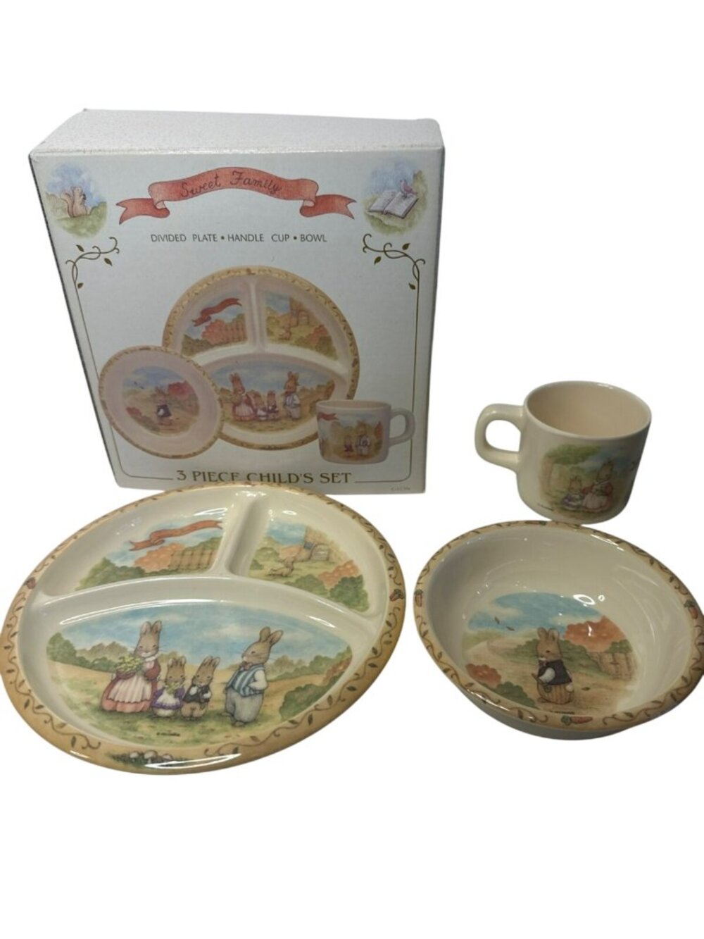 Pecoware Sweet Family 3-Piece Childs Dish Set Divided Plate Bowl Handle Cup Box